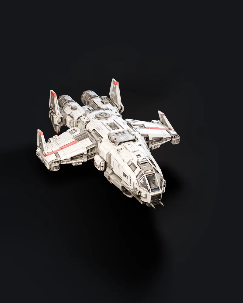 A white spacecraft with red trim and swept fins, seen from above at a three-quarter angle, hovering over a dark floor.