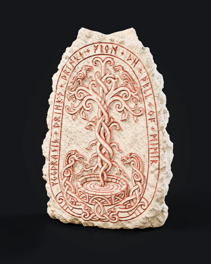 A pale standing stone carved with a tree of life and a border of runes, the carving picked out in red.
