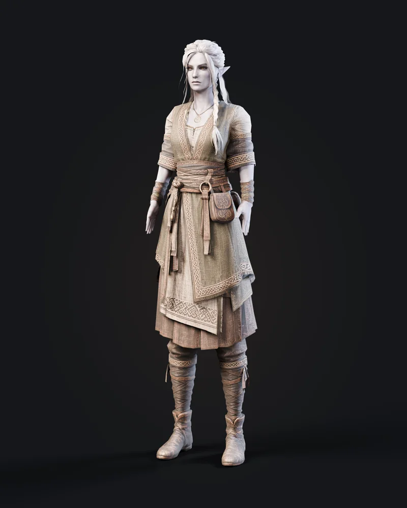 A full-length elf character with long pale braided hair, in a layered linen tunic, belt pouch and wrapped boots.
