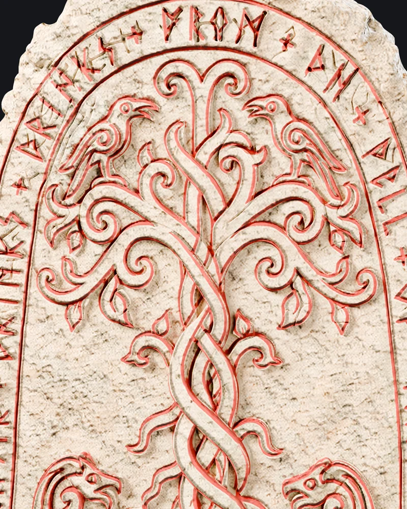 Interim study: close-up of a rune stone carved with an interlaced tree.