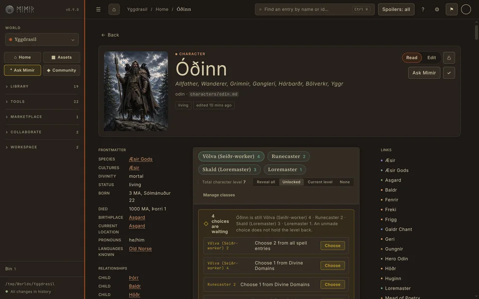 Mimir's entry view for Óðinn: his portrait, structured details, character classes and a list of linked entries.