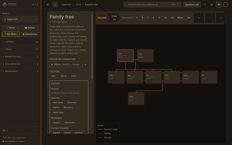 Mimir's family tree view focused on Óðinn: Óðinn and Frigg connected to six children, including Baldr and Þórr, and a grandchild, with filters for species, birthplace and location in a side panel.