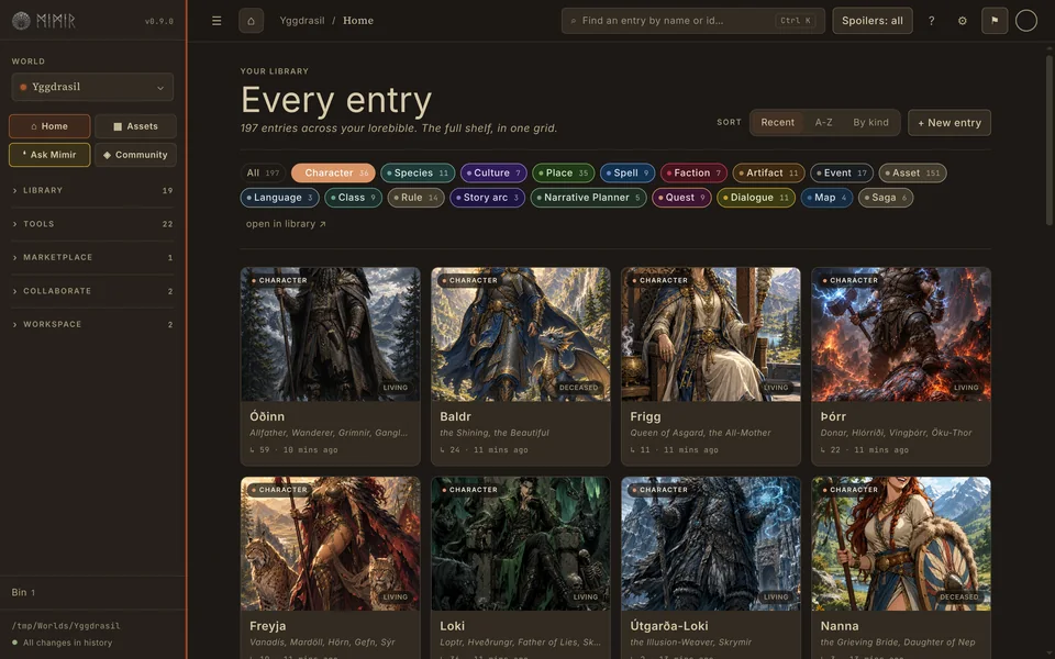 Mimir's library view filtered to characters: a grid of cards with portrait artwork for Norse gods and giants, with coloured filter chips for each entry type.
