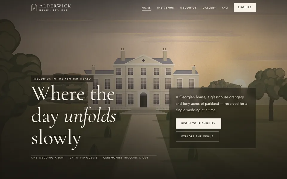 The Alderwick House homepage on desktop: an illustrated Georgian country house at golden hour beneath an elegant serif headline.