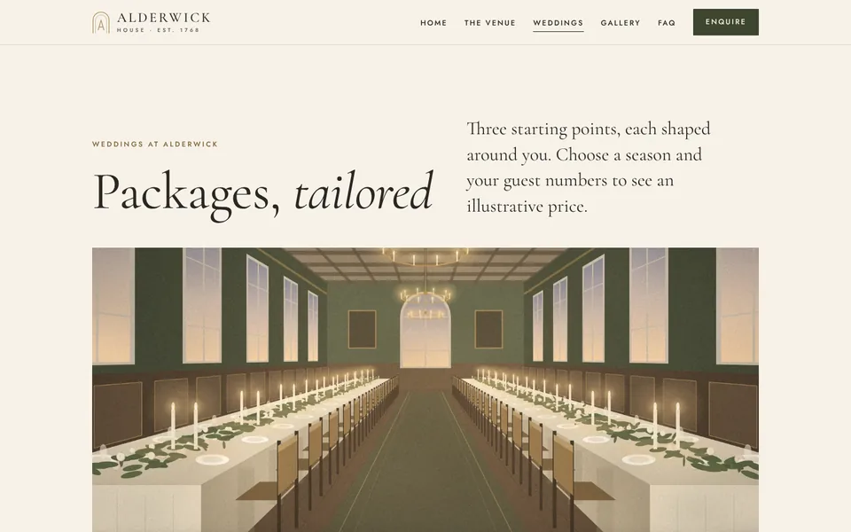 Weddings page with the live package comparison.