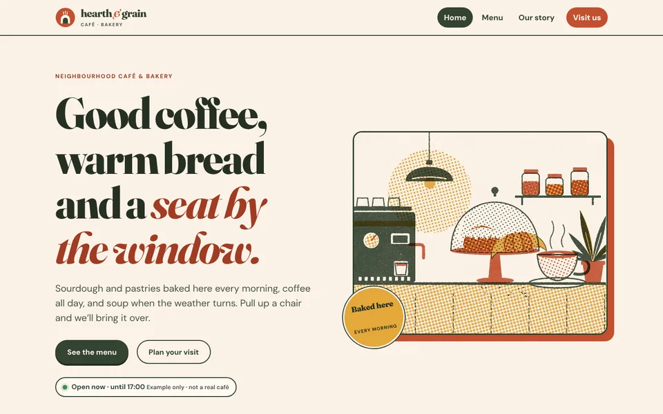 The Hearth & Grain café concept homepage with a riso-print illustration of a café counter.