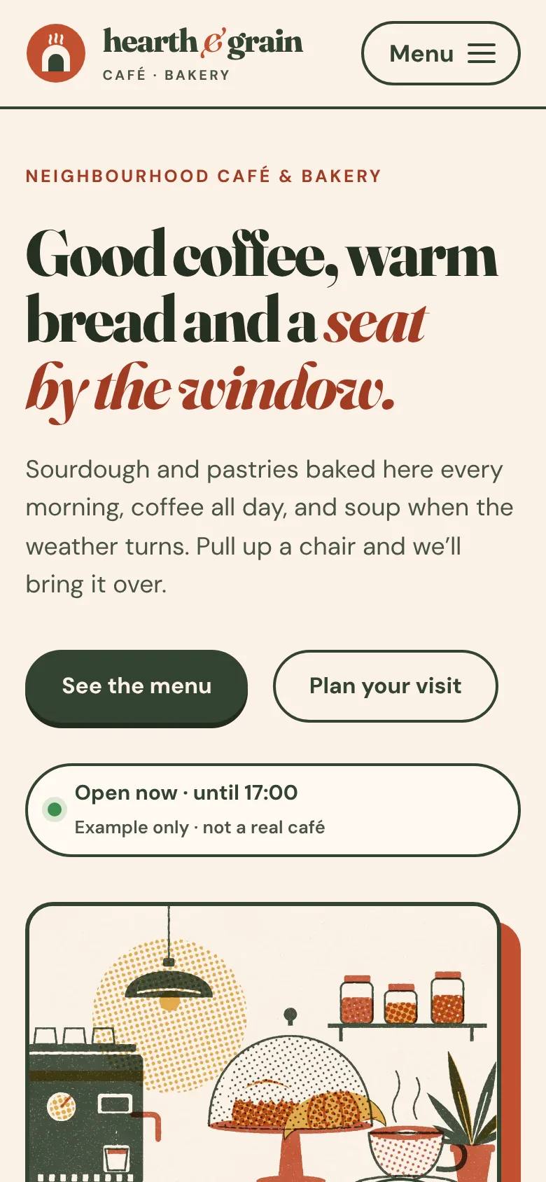 The Hearth & Grain homepage on a phone.