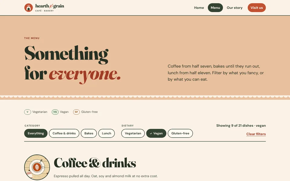 Menu page filtered to vegan dishes, with a live count of matching items.