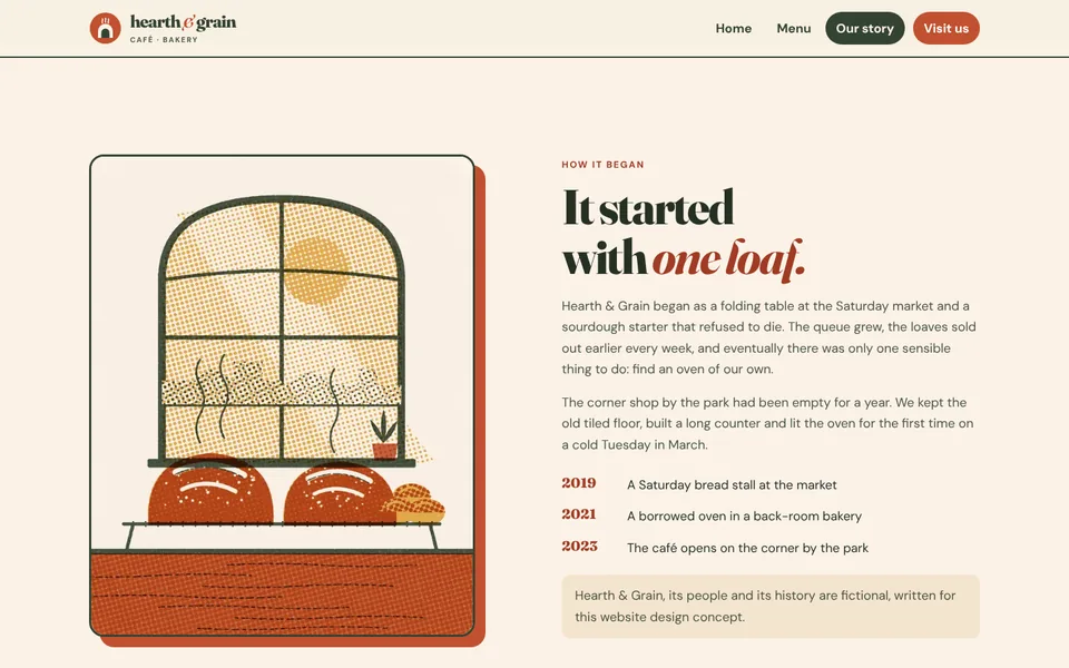 Our story page with an illustrated bakery window and a short timeline.