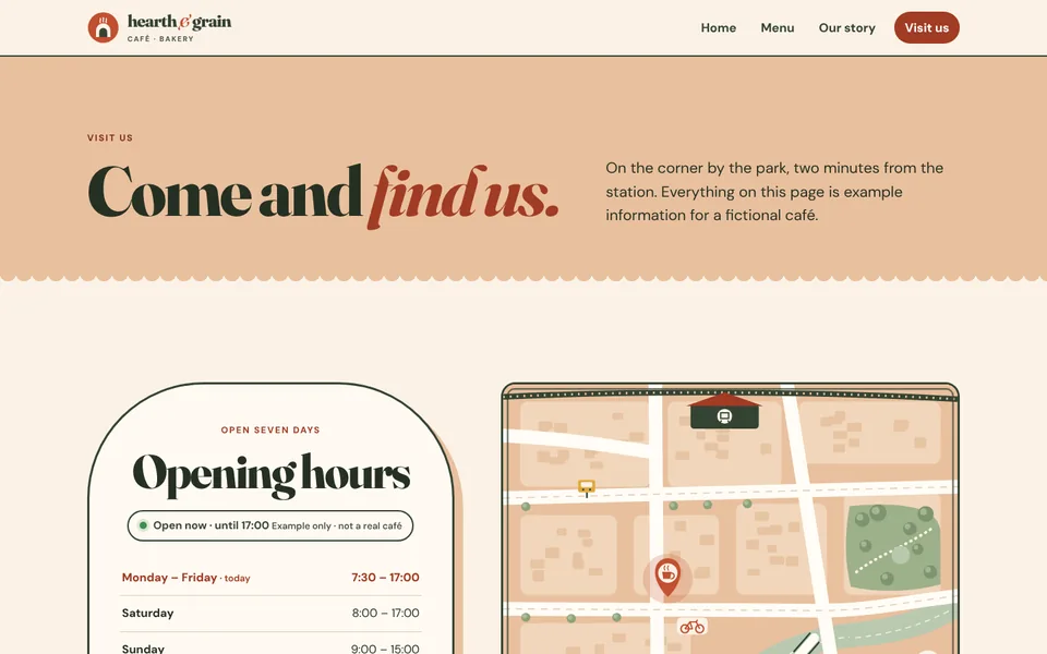 Visit page with example opening hours and an illustrated neighbourhood map.