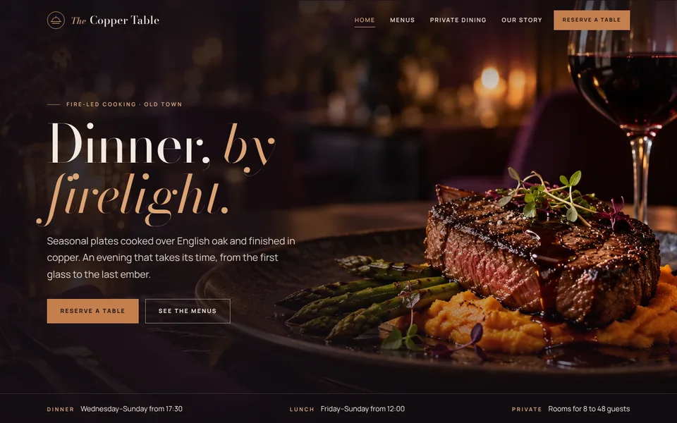 The Copper Table homepage: a candlelit table set for dinner beneath an elegant serif headline, &lsquo;Dinner, by firelight&rsquo;.