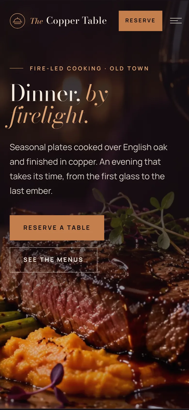 The Copper Table homepage on a phone, with the reserve button always in reach.