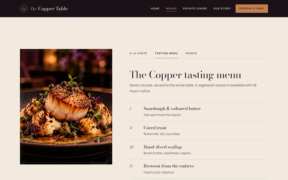 Menus page showing the seven-course tasting menu tab beside a dish image.
