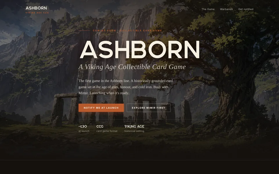 The Ashborn landing page: a large title over painted key art of standing stones beneath a waterfall.