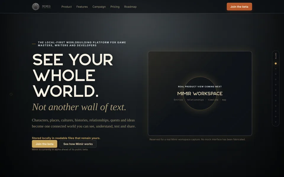 The Mimir product website: bold uppercase headline ‘See your whole world.’ on a dark, atmospheric background.