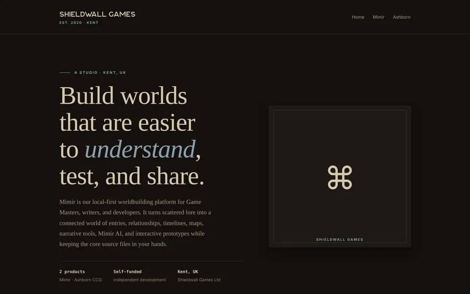 The Shieldwall Games studio homepage with a large serif headline on a dark background.