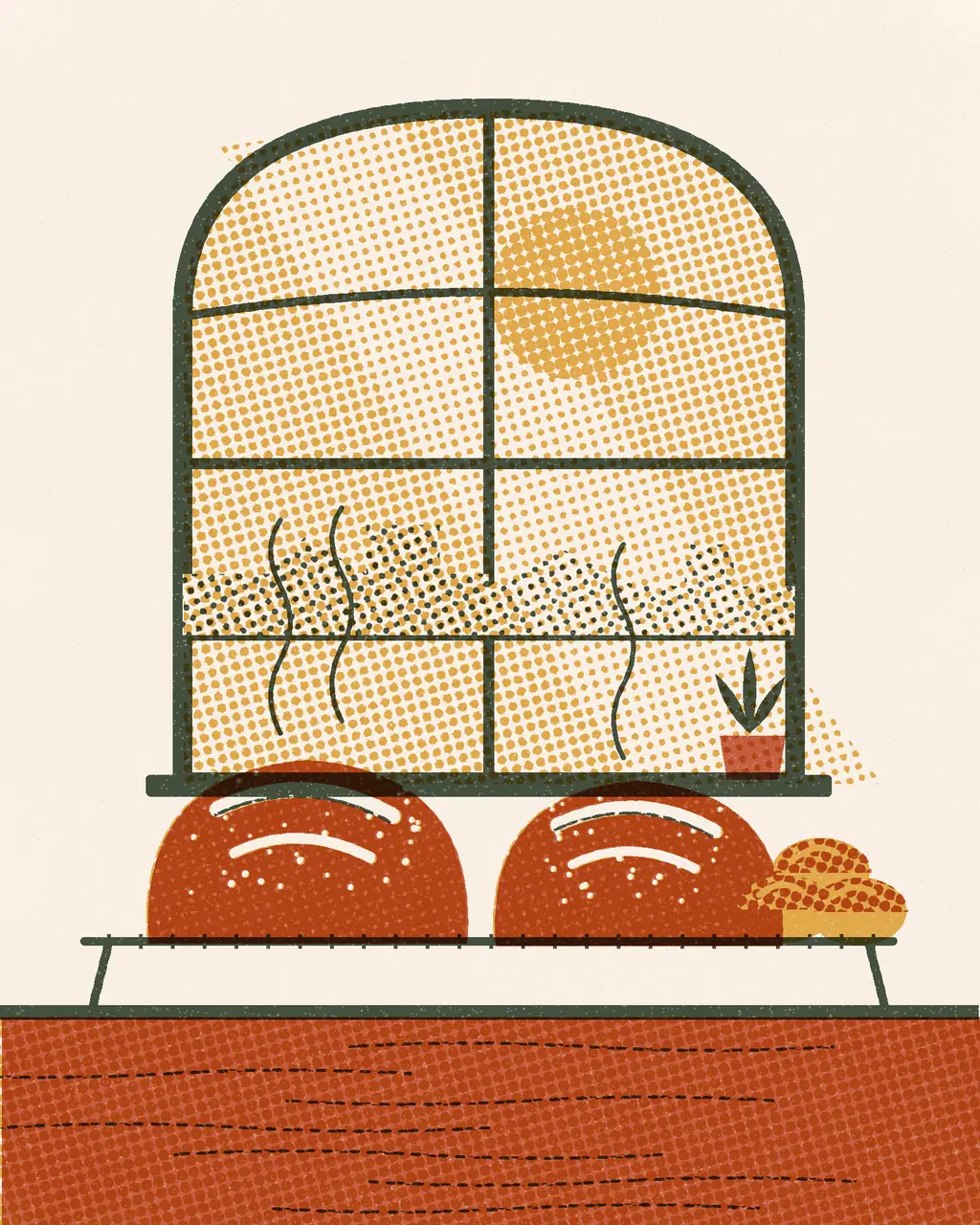 Illustration of sourdough loaves and buns cooling on a rack by a window, with steam rising.