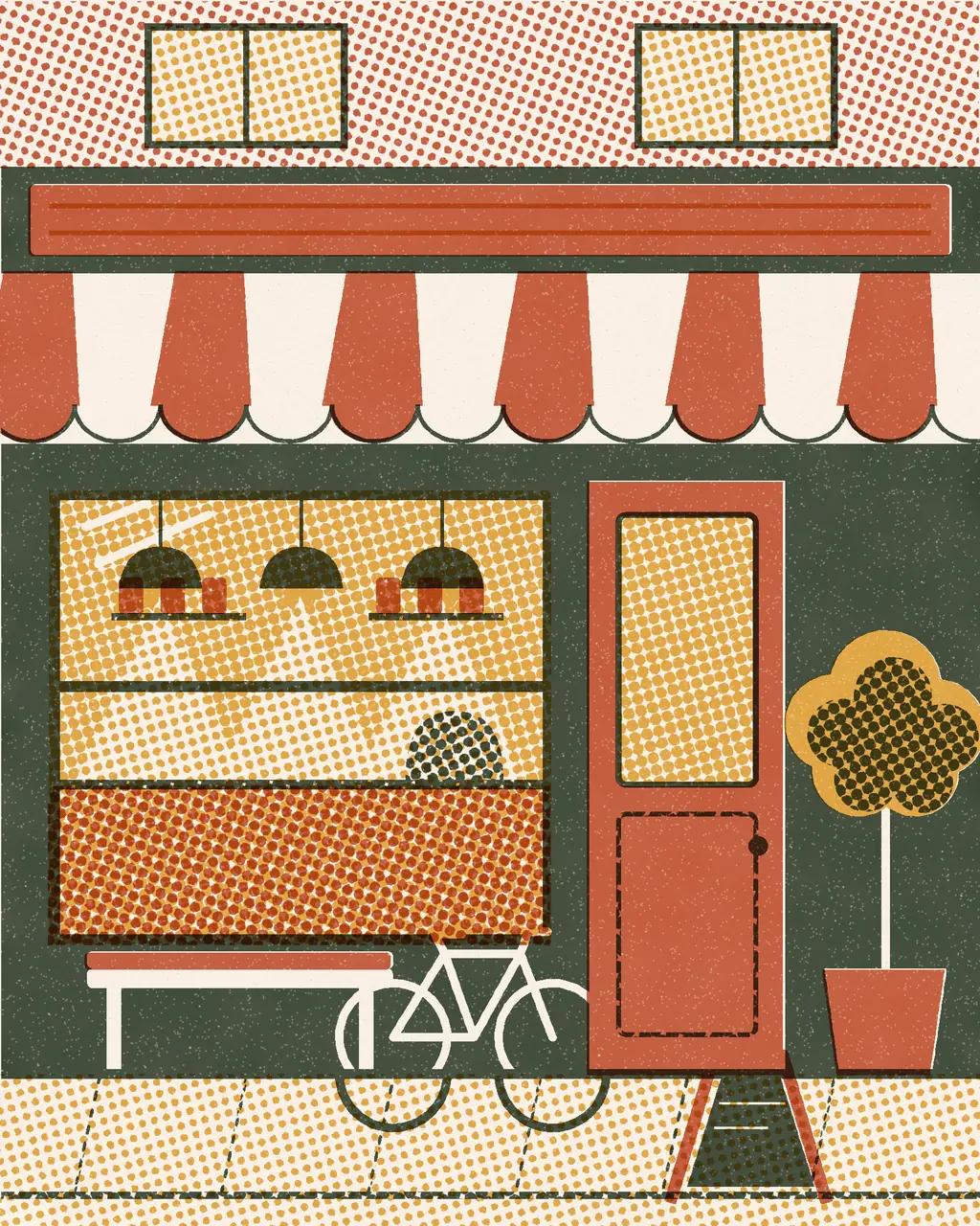 Illustration of the café shopfront with a striped awning, a big window, a bench, a potted bay tree and a bicycle.