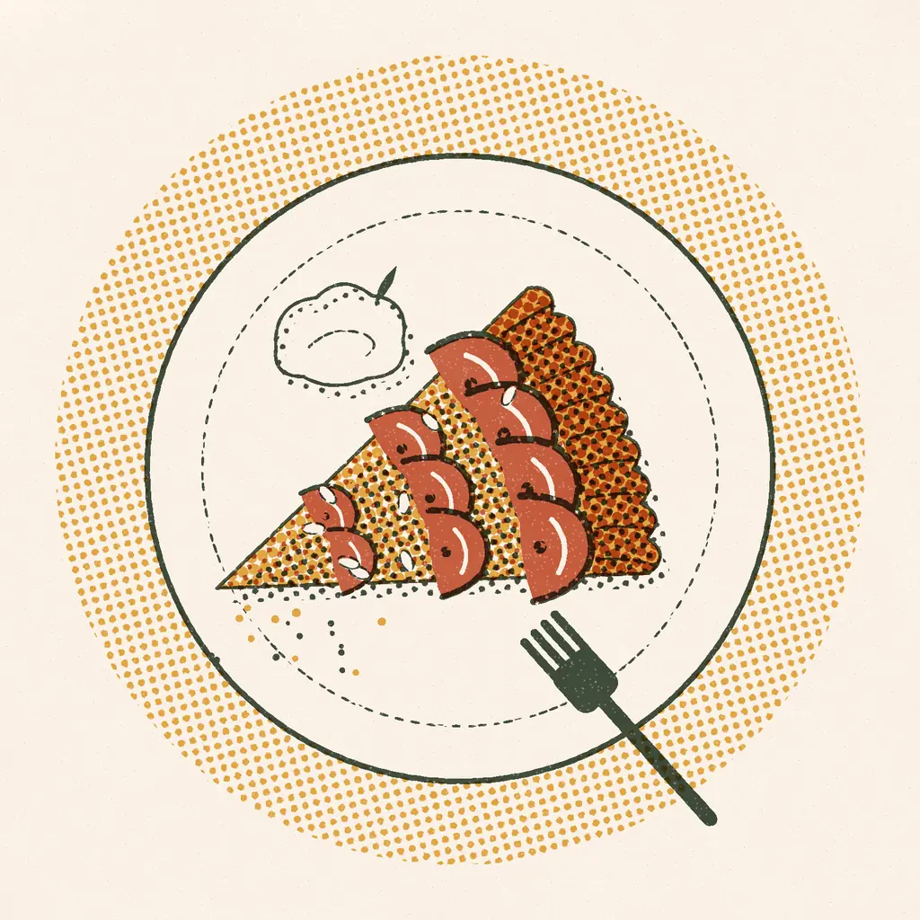 Illustration of a slice of plum and almond galette on a plate with a fork.