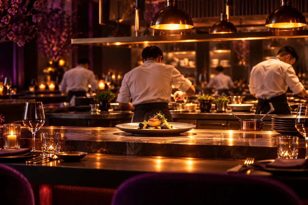 The chef's counter at night: place settings along a polished counter, a finished plate on the pass, and chefs at work in the open kitchen under copper lamps.