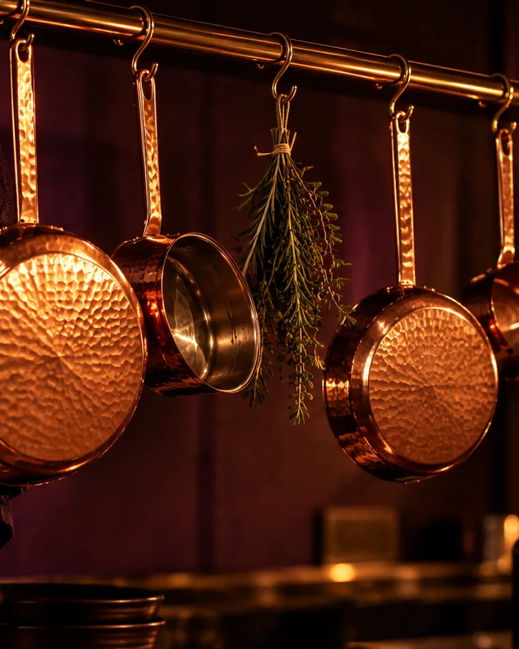 Hammered copper pans and bunches of herbs hanging from a brass rail against a dark aubergine wall.