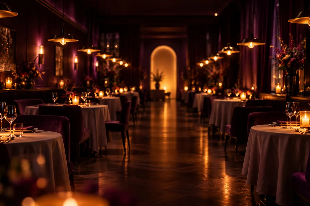 The dining room at night: round tables laid with cream cloths and candles beneath copper pendant lamps, aubergine walls and a lit archway at the far end.