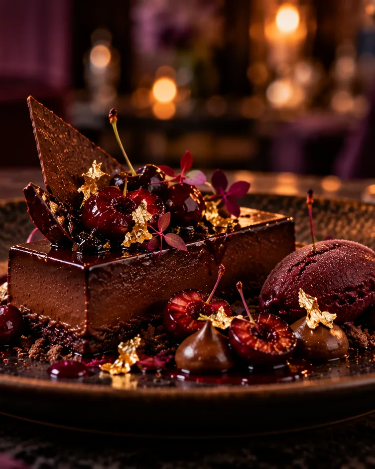 A dark chocolate bar with a chocolate shard, cherries and gold leaf, beside a cherry sorbet and chocolate bonbons on a dark plate.