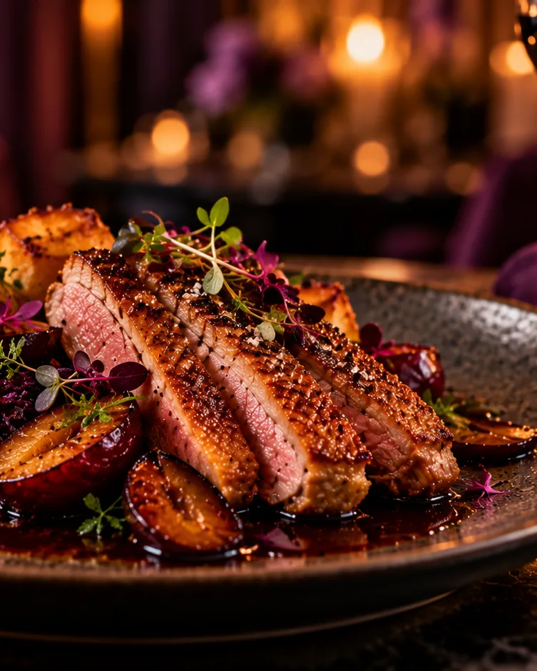 Sliced duck breast with crisp skin and pink centres, with roast plums, red cabbage, roast potatoes and a glossy dark sauce on a charcoal plate.