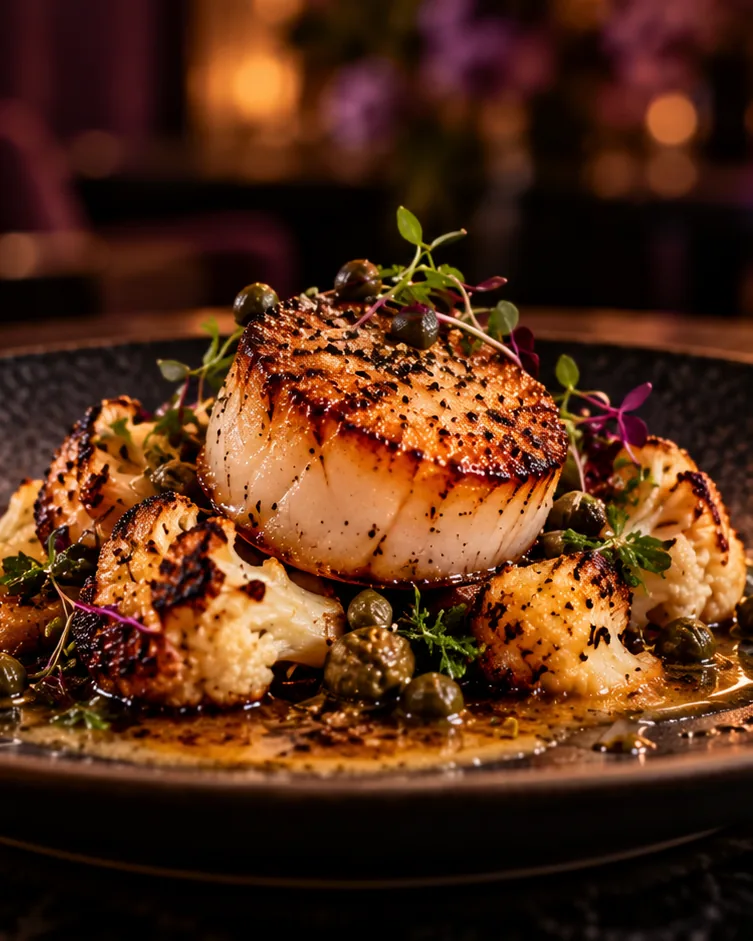 A seared scallop with a caramelised top on roasted cauliflower and capers in brown butter, with micro herbs, on a dark plate.