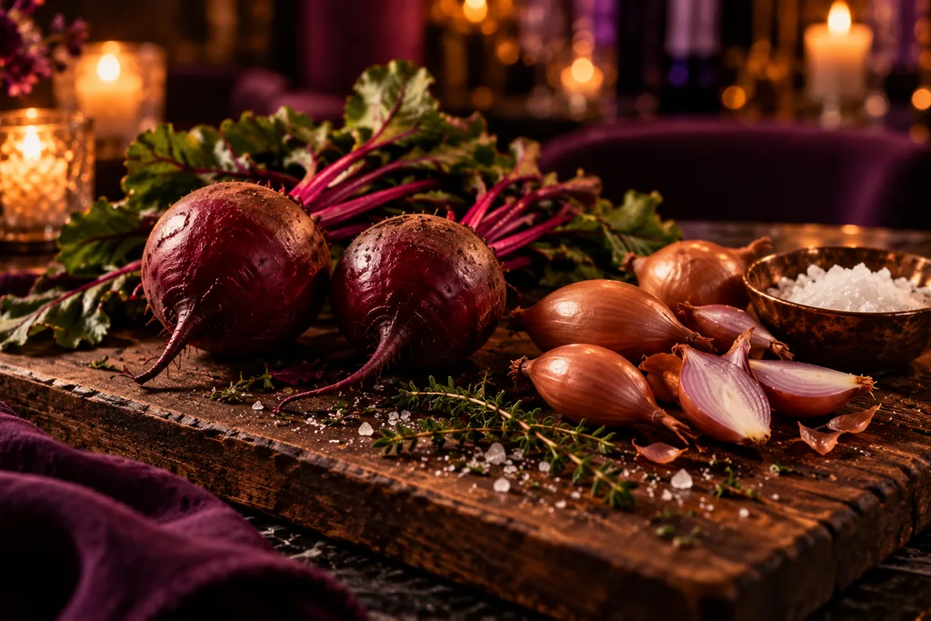 Beetroot with their leaves, shallots and thyme on a dark wooden board, beside a copper dish of flaky sea salt.
