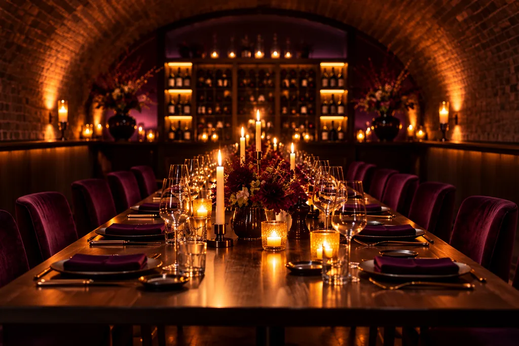 The private dining room under a brick vault: one long table with velvet chairs and candles down its centre, and lit wine shelves at the far end.