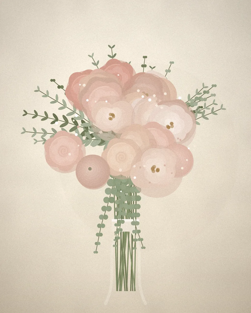 Illustration of a loose hand-tied bouquet of blush roses, peonies and ranunculus with trailing eucalyptus and a linen ribbon.