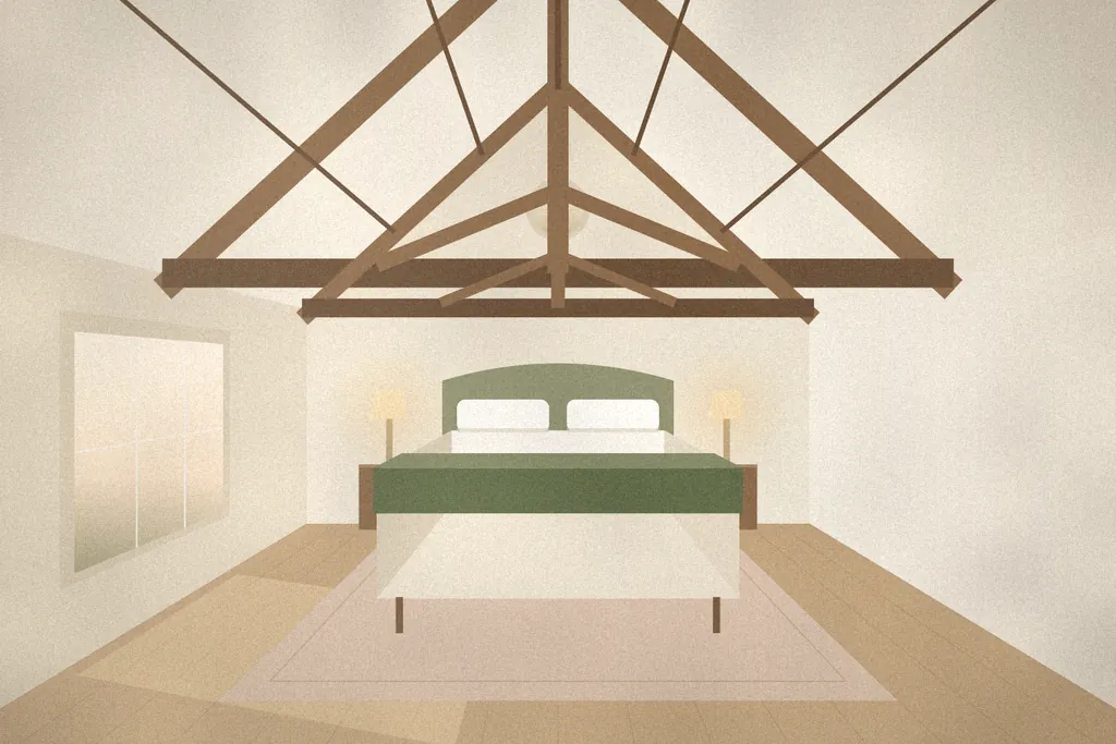 Illustration of a calm guest bedroom in the converted coach house, with exposed roof trusses, a linen bed and soft window light.