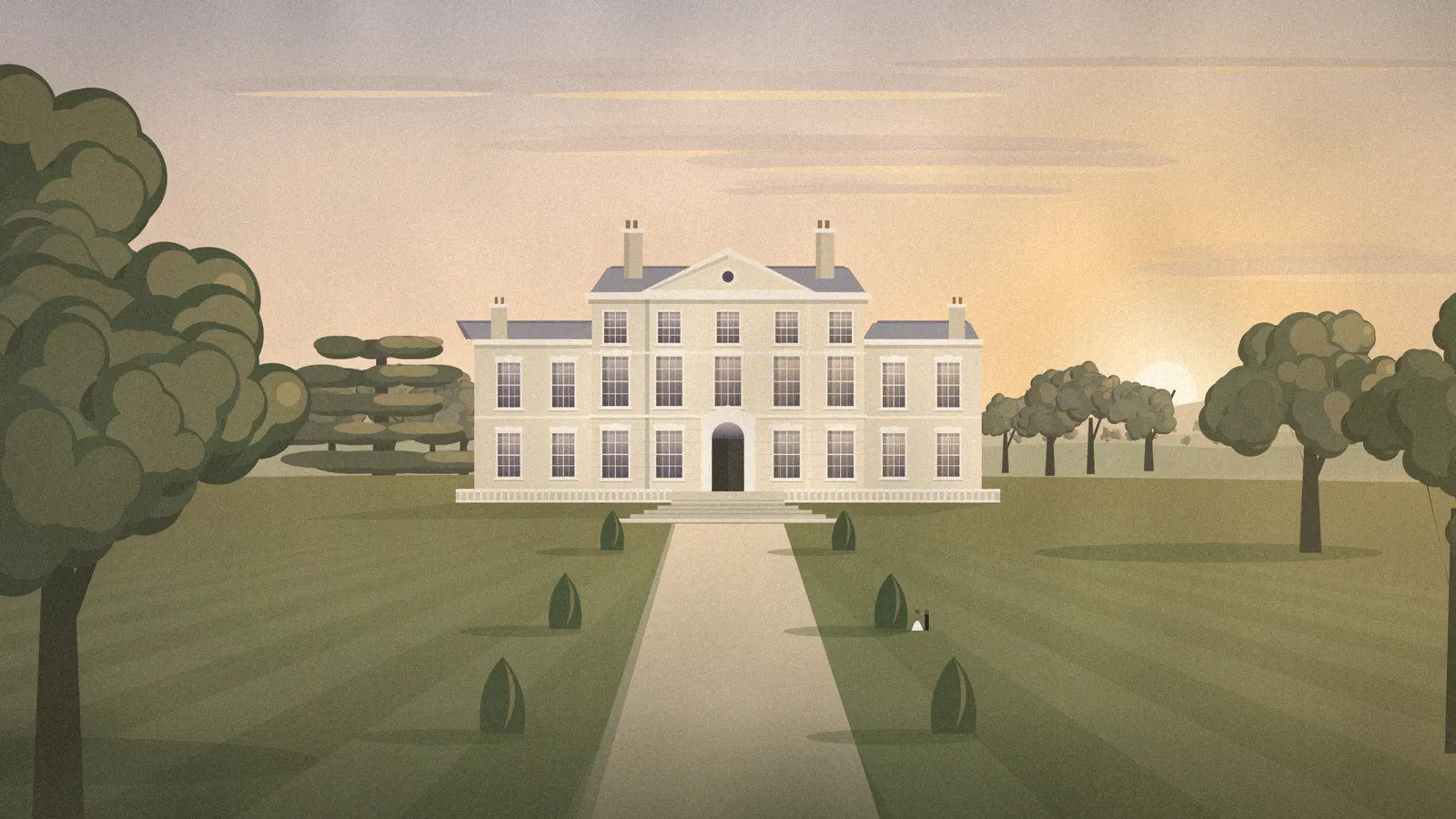 Illustration of a symmetrical Georgian country house across a striped lawn at golden hour, framed by parkland trees.
