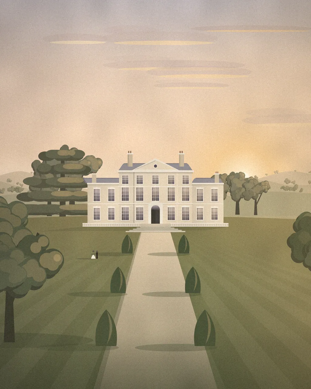 Illustration of the Georgian house at golden hour, seen along a gravel walk lined with clipped yews.