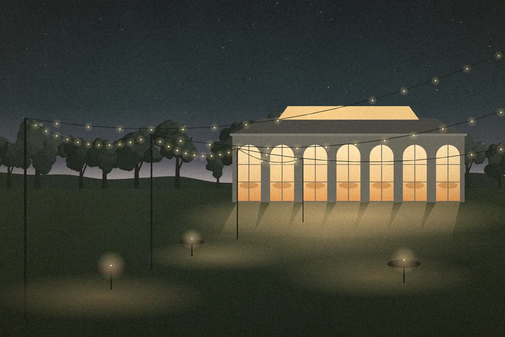 Illustration of the lawn at night beneath festoon lights, with the orangery glowing warmly in the background.