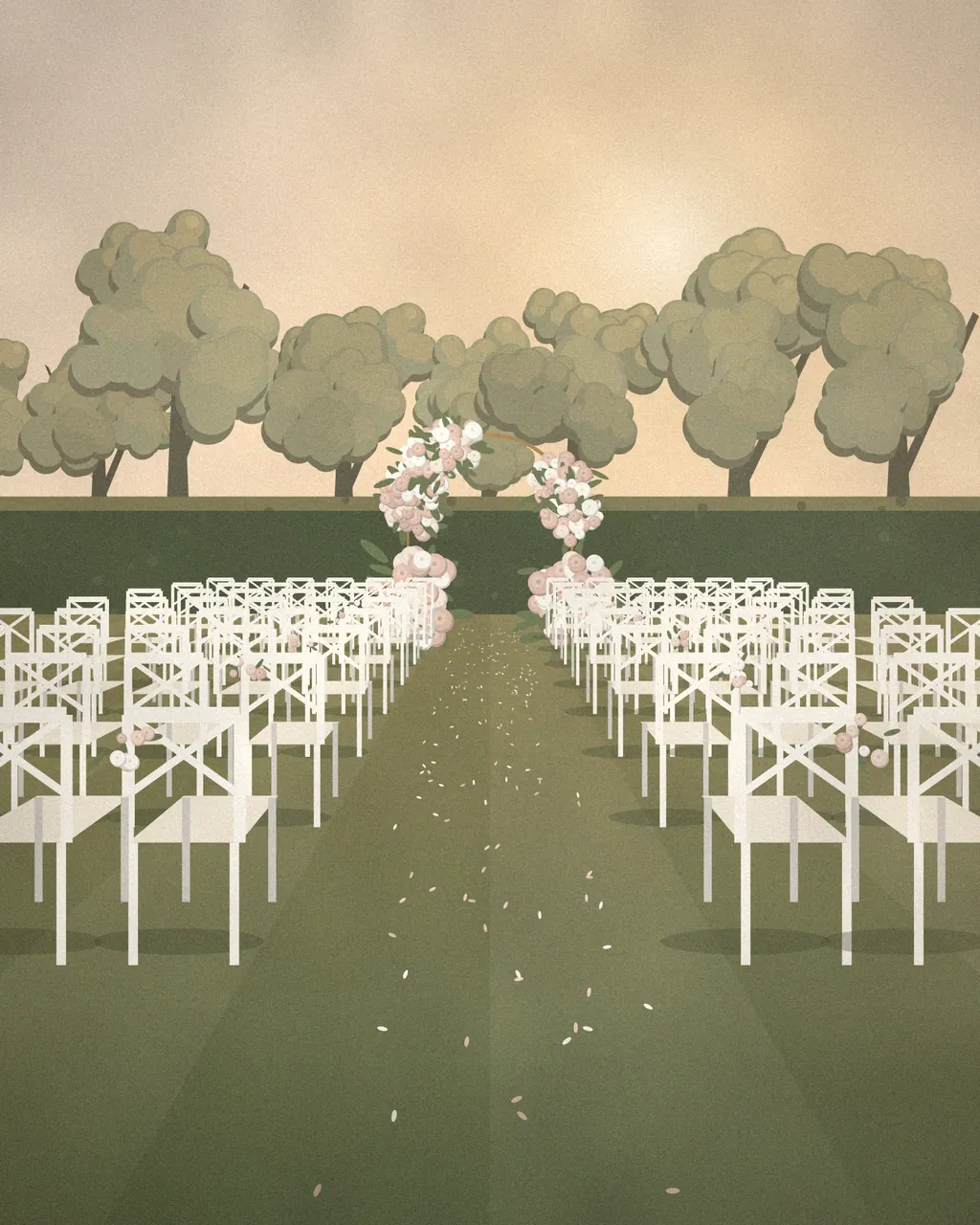 Illustration of an outdoor ceremony on the lawn: white crossback chairs either side of a petal-strewn grass aisle leading to a floral hoop, with a yew hedge and trees beyond.
