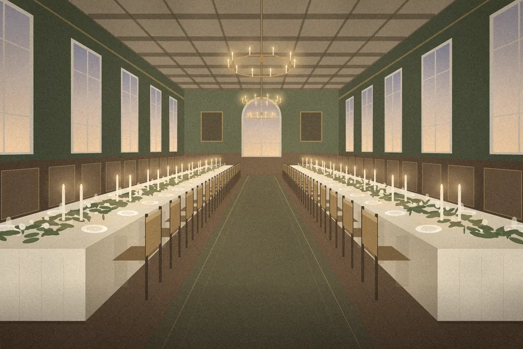 Illustration of two long candlelit banqueting tables with greenery runners in a panelled hall with tall windows and brass chandeliers.