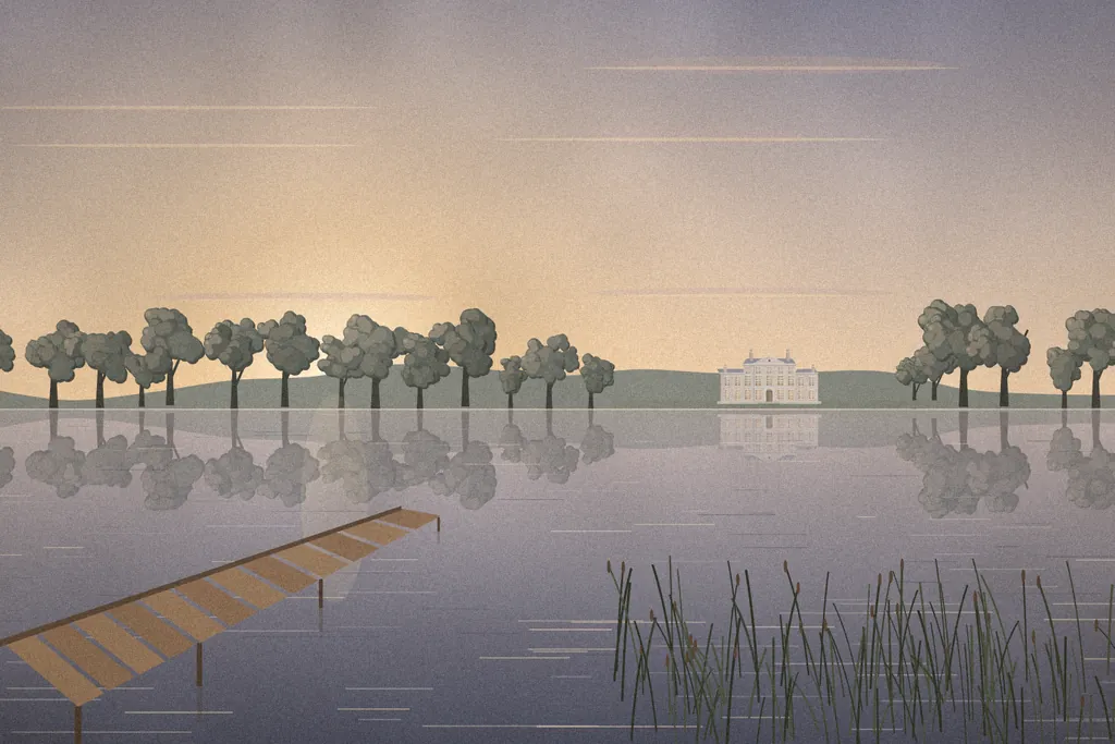 Illustration of the ornamental lake at dusk, the house and trees reflected in still water, with a timber jetty and reeds in the foreground.