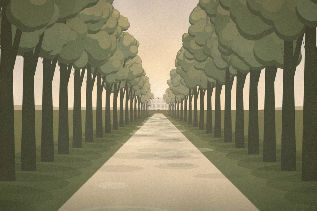 Illustration of a long avenue of lime trees with dappled light on the drive and the house small in the distance.