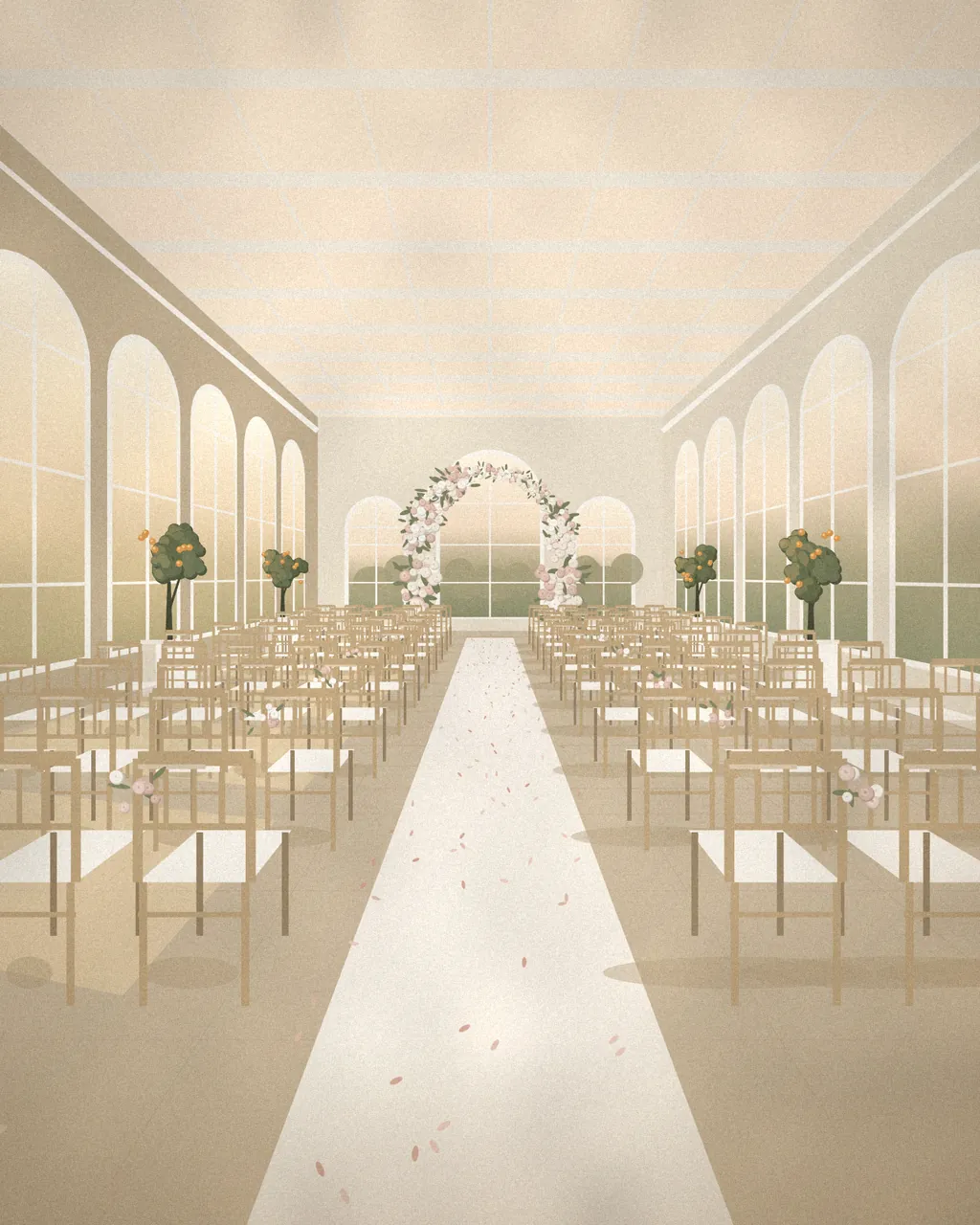 Illustration of a ceremony in a glass orangery: rows of chairs either side of a cream aisle leading to a floral arch, sunlight pouring through tall arched windows.