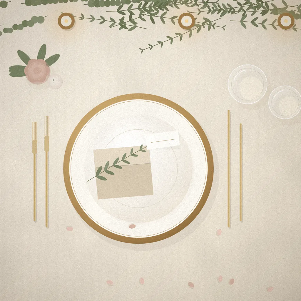 Overhead illustration of a place setting: gold-rimmed charger, folded linen napkin with a sprig of greenery, brass cutlery, glassware and a small bud vase.