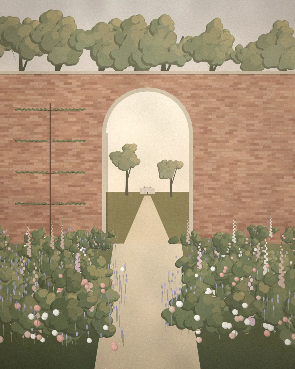 Illustration of an old brick walled garden with flower borders either side of a gravel path leading through an arched gateway.