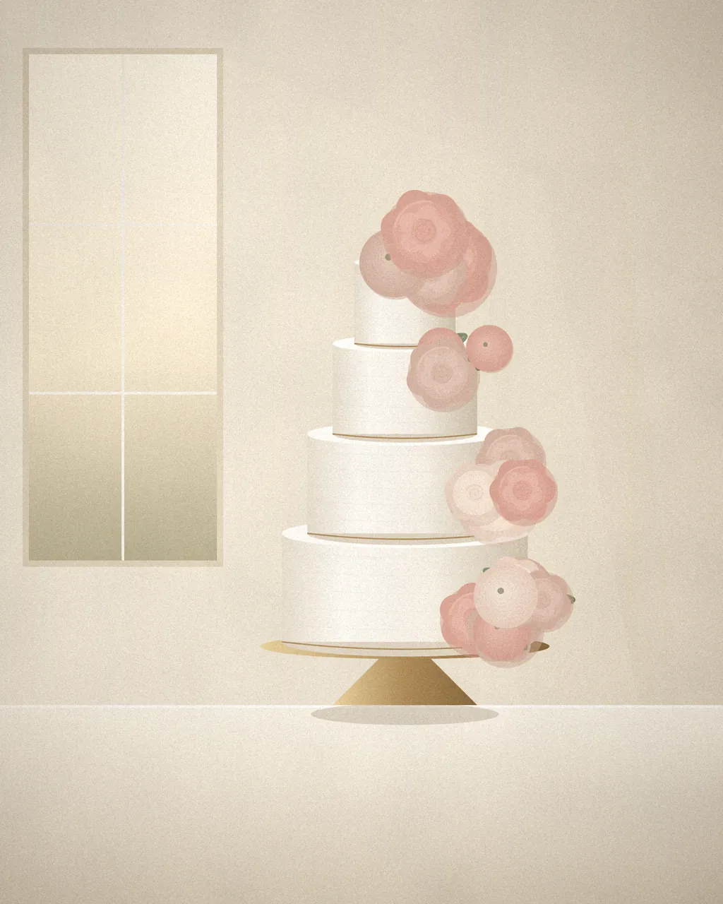 Illustration of a four-tier white wedding cake with cascading blush flowers on a gold stand beside a window.